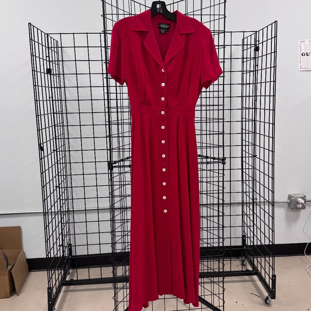 Vintage J. Peterman Red Silk S/S Button Shirt Dress Size 2